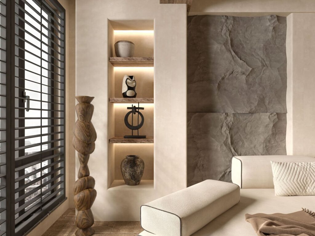 Elegant living room featuring minimalist decor with a luxurious touch and warm lighting.