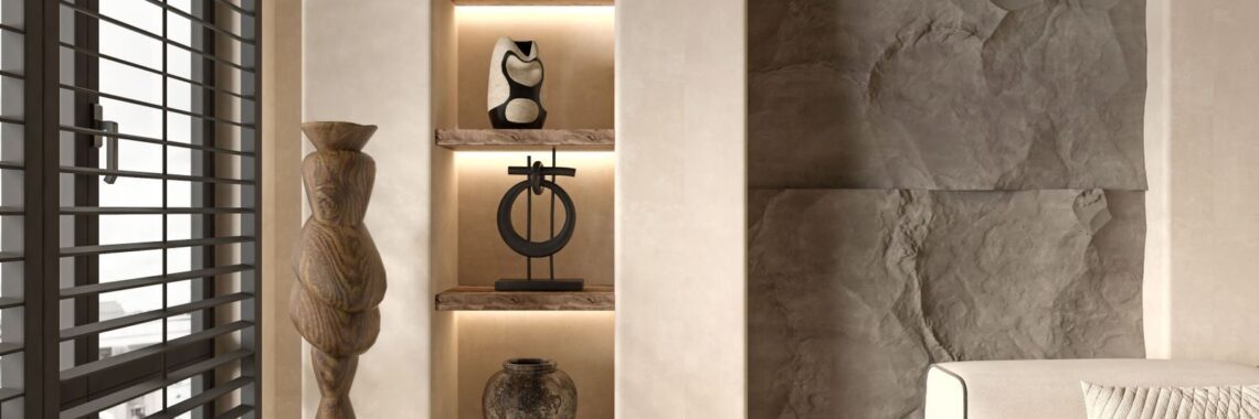 Elegant living room featuring minimalist decor with a luxurious touch and warm lighting.