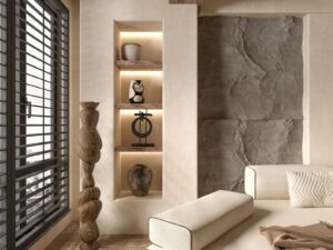 Elegant living room featuring minimalist decor with a luxurious touch and warm lighting.